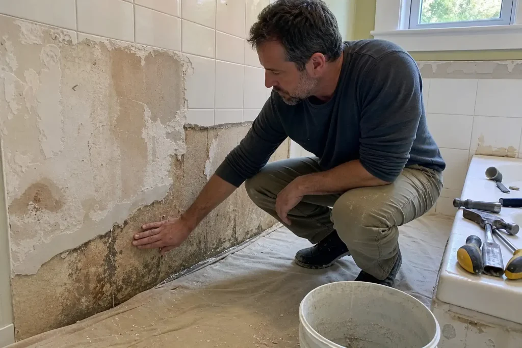 Person undersöker fuktskada bakom kaklet innan badrumsrenovation i lantlig stil