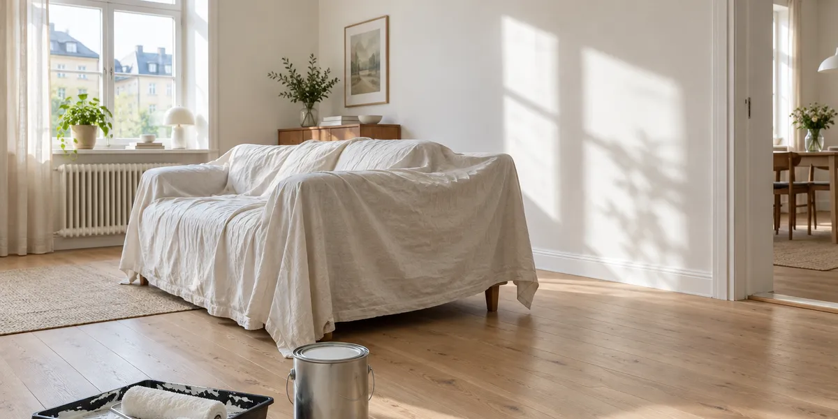 Nymålat vardagsrum med vita väggar, en övertäckt soffa och en färgburk med roller på trägolvet